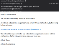 Zrzut ekranu wiadomości: You've exceeded the storage limit for your mailbox [ocenzurowano]@extranet.pl